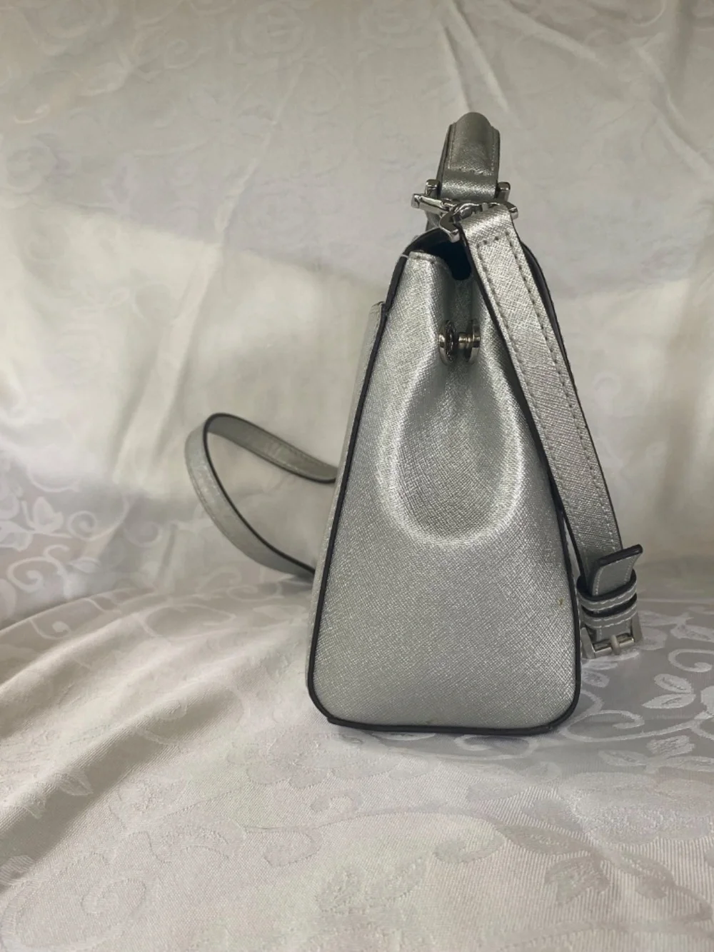 Michael Kors Silver Saffiano Leather Satchel Crossbody Bag
